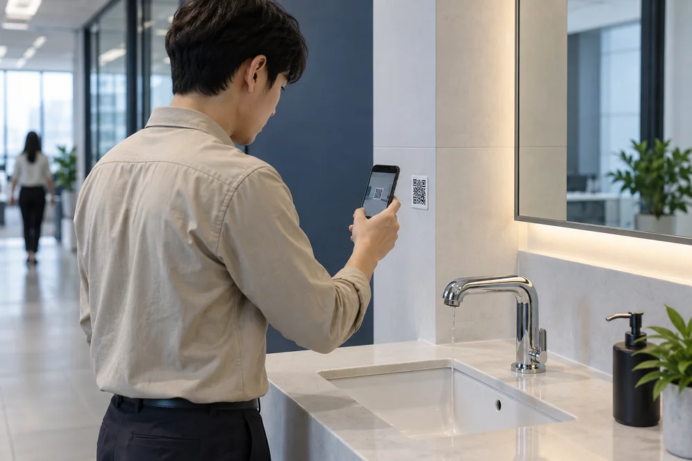 휴대전화로 시설 QR 코드를 확인하는 이용자